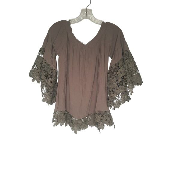 Muche Muchette Gray Crochet Bell Sleeve Off Shoulder Blouse S/M Boho Cottagecore - Picture 1 of 8